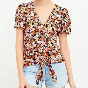 LOFT Floral Textured Button Tie Front Top, Black, Pink, Orange Floral Shirt